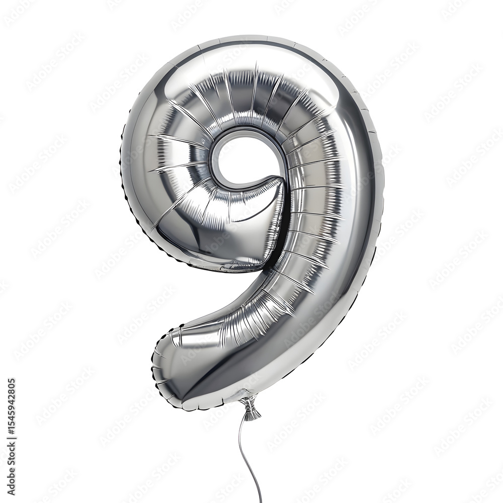 Fototapete a balloon shaped like the number 9 ,silver metallic finish with realistic reflections and smooth tex