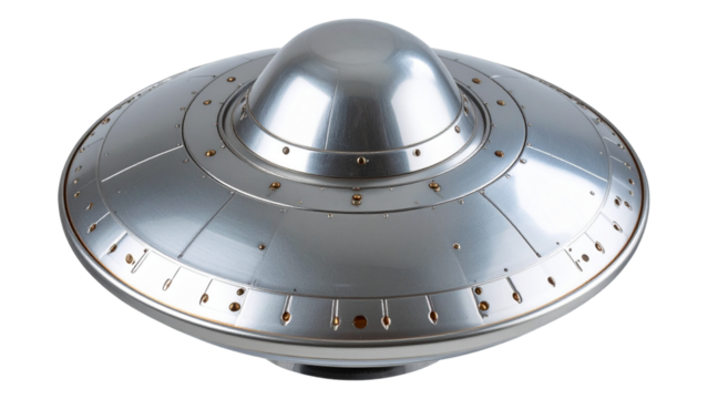 Silver metallic UFO-shaped object with a smooth, shiny surface and intricate detailing on transparent background.