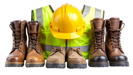 Work safety clothing including high visibility vest, leather gloves, boots and yellow hard hat are arranged on a transparent background, emphasizing workplace safety and protection 