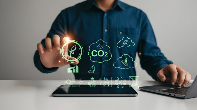 A person interacting with floating green energy and co icons above a tablet and laptop computer
