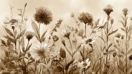 Sepia toned Botanical Watercolor Painting of Wildflowers Meadow Flowers Floral Art Print Nature