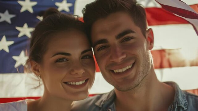 Young couple embracing with patriotism, smiling under American flag.