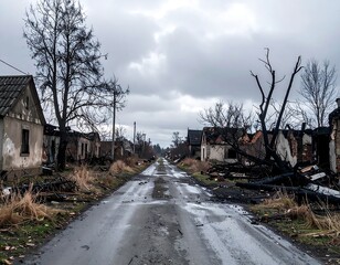 Fototapeta premium Desolate and abandoned, this village shows the scars of war—charred trees, cracked roads, and lifeless silence