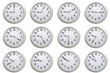 A set of 12 Round Silver Wall Clocks Showing 09:00 to 09:55 or 21:00 to 21:55 Isolated-White....