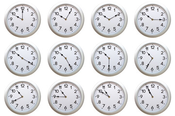 A set of 12 Round Silver Wall Clocks Showing 10:00 to 10:55 or 22:00 to 22:55 Isolated-White....