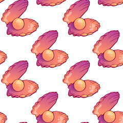 Elegant seamless pattern featuring open seashells with pearls. A luxurious marine-themed design ideal for summer prints, packaging, textile, wallpaper, and stationery. High-quality repeating backgroun
