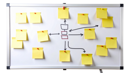 Many yellow sticky notes are arranged around a whiteboard with a workflow drawn, representing project management, brainstorming, and business strategy on a transparent background