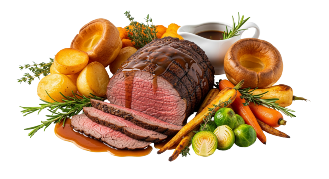 Roast beef dinner with Yorkshire puddings and vegetables isolated on transparent background. British food