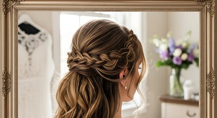 Woman with Braided Hairstyle Viewing Herself in Ornate Mirror
