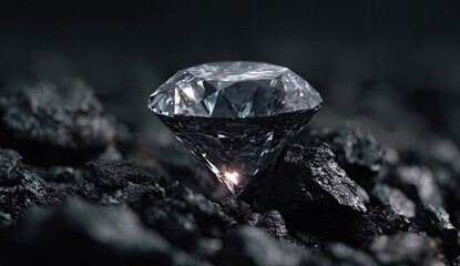 A brilliant, multifaceted diamond rests atop a bed of dark, rough coal, its facets catching and reflecting light, showcasing its exquisite clarity and contrasting sharply with the dull