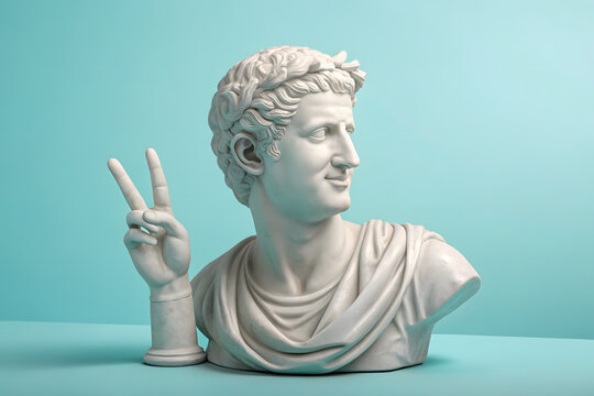 Classical marble statue showing peace sign with fingers in playful pose against pastel blue background