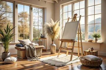 Sunlit artist's studio interior with easel, pampas grass, and cozy seating