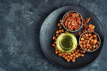 Healthy vegetable nuts oil bottle.