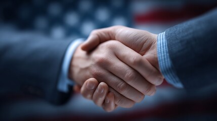 Obraz premium Close-up of a handshake against an American flag backdrop.