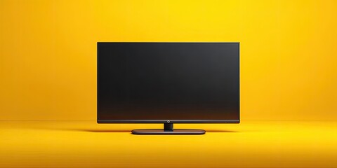 Sleek black flat-screen TV on vibrant yellow background