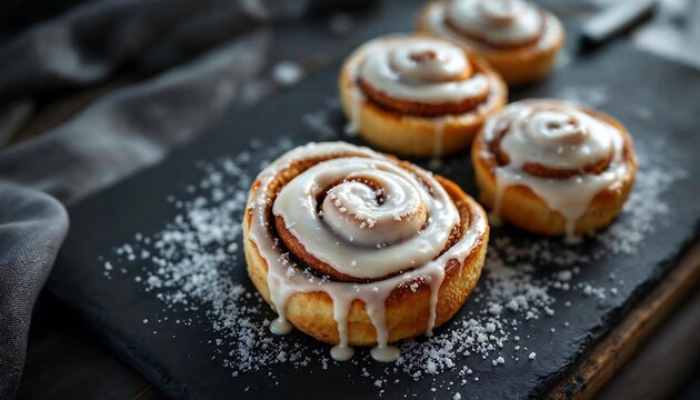 Cinnamon Roll with Icing on a Black Plate - Powered by Adobe