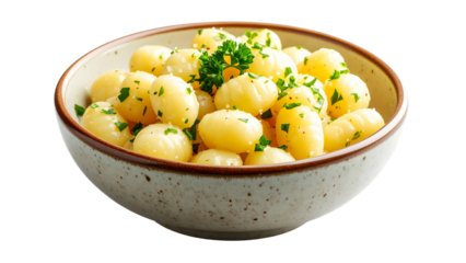 Steaming hot gnocchi seasoned with butter and parsley, served in a rustic bowl, creates an inviting image ideal for food blogs and restaurant menus with a transparent background