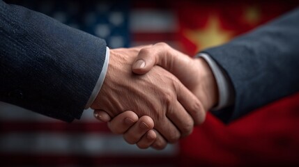 Businessmen shake hands with American and Chinese flags in the background.
