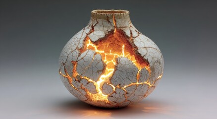 A ceramic vessel, off-white with a crackled surface, internally illuminated, revealing a warm, glowing light within its fractured form