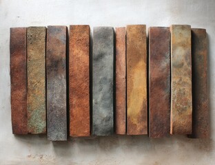 Eleven rectangular, earthy-toned clay tiles arranged in a row, showcasing variations in color and texture