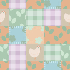 Vector seamless pattern featuring adorable chickens and pastel colored patchwork or quilting, ideal for creating charming and playful designs for baby products such as blankets, clothing, quilts and n
