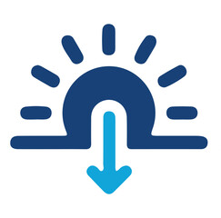 Blue icon of sunset with downward arrow, symbolizing evening and setting sun
