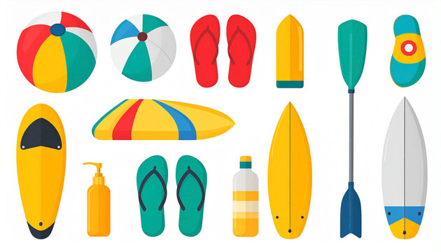 Colorful summer beach and water sports equipment