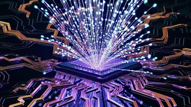 Light sparks rise from processor center. Circuit glows with digital energy. Chip sends power through electric lines. Processor shines with data bursts. Energy lights up chip technology.