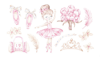 Elegant ballet set hand drawn with watercolor. Cute ballerina, ballet shoes, tutu, bag, hair pins, crown, feathers. Printable clip art isolated on white. Design elements for card, invitation, banner