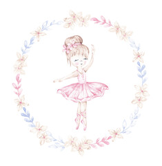 Ballet girl clip art. Illustration hand drawn with watercolor. Little ballerina arrangement for cards, invitations, posters, stickers, wall art and prints