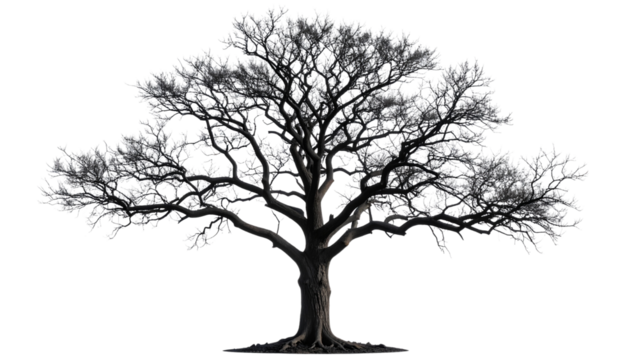 Black silhouette of a charred tree with transparent background, ideal for photo manipulations or graphic design projects requiring a stark and dramatic element
