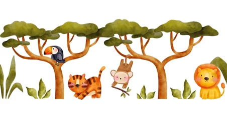 Seamless watercolor jungle border with cute lion, tiger, monkey, toucan, savanna trees and leaves. Hand-painted cartoon safari animals for baby, nursery, textile and kids projects.