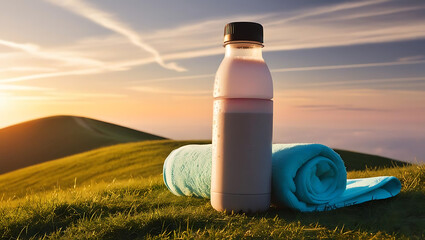 A bottle of chocolate milk beside a rolled turquoise towel on a grassy hill
