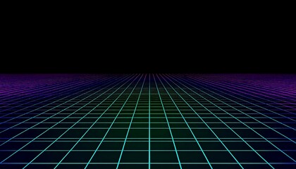 Synthwave grid horizon on black background.