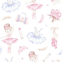 Ballerina seamless pattern hand drawn with watercolor. Little ballerina digital paper. Ballet girl design for textile, fabric, packaging © balena