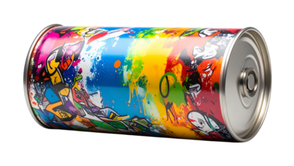 Colorful tin can decorated with vibrant street art graffiti lies horizontally on a transparent background, showcasing an eclectic mix of cartoon characters, symbols, and tags