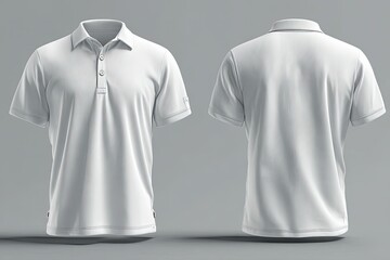 A clean, white short-sleeved polo shirt shown from front and back views on a neutral gray background.  The shirt features a classic collar and button placket