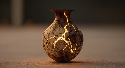 A cracked, earthenware vase, illuminated from within, glows with a warm light, its fissures radiating outward