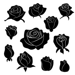 Set of black roses isolated flat vector spring summer flowers blooming stylized bloom