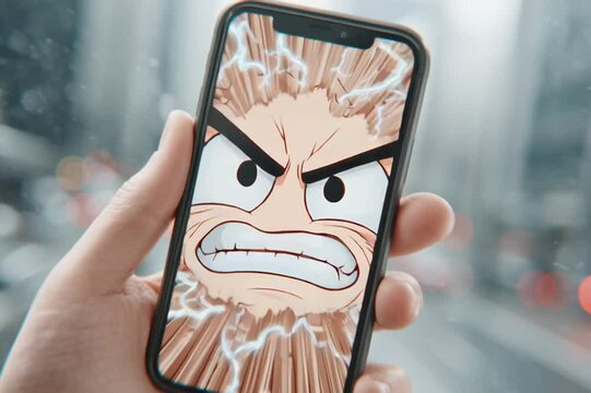 Person holding a smartphone with an angry cartoon face on the screen.