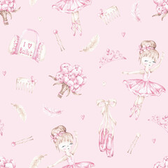 Ballerina seamless pattern hand drawn with watercolor. Little ballerina digital paper. Ballet girl design for textile, fabric, packaging © balena