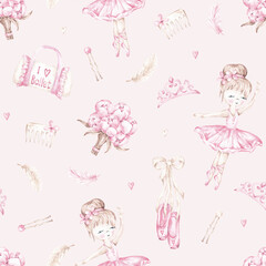 Ballerina seamless pattern hand drawn with watercolor. Little ballerina digital paper. Ballet girl design for textile, fabric, packaging