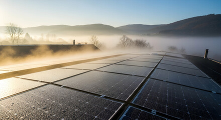 Early Morning Solar Panel Efficiency: Foggy Sunrise on Sustainable Energy
