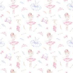 Ballerina seamless pattern hand drawn with watercolor. Little ballerina digital paper. Ballet girl design for textile, fabric, packaging