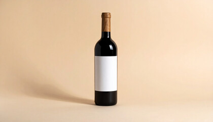 Bottle of red wine with oak wood accents on beige background, minimalist branding concept, packaging mockup