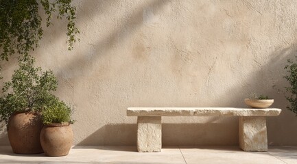 Sun-dappled stone bench flanked by terracotta pots overflowing with greenery against a textured beige wall