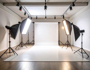 Professional photography studio lighting setup with softboxes and white background