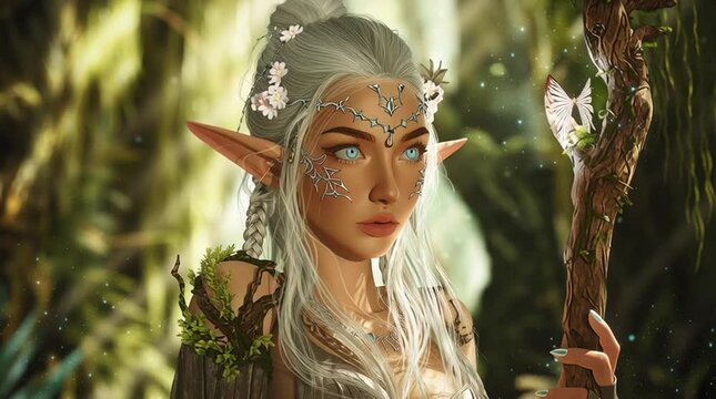 Ethereal digital painting of a forest elf with long, flowing hair and pointed ears adorned in silver filigree. A beautiful and serene fantasy character portrait for myth and magic themes.

