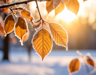 Frosty autumn leaves in sunrise light outdoors