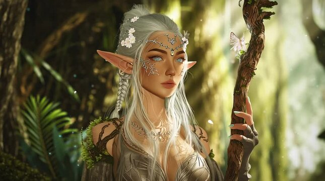 Ethereal digital painting of a forest elf with long, flowing hair and pointed ears adorned in silver filigree. A beautiful and serene fantasy character portrait for myth and magic themes.

